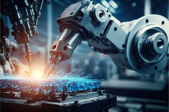 Hand of robot working steel welding building electronic machine in factory.Generative AI