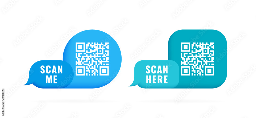 Poster qr code 3d speech bubble with inscription scan me and scan here. qr code for smartphone, payment, we