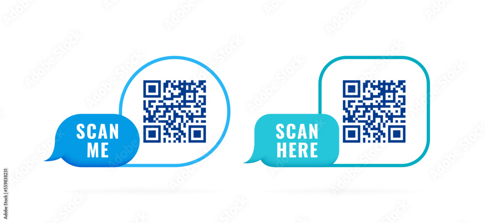 Poster qr code 3d speech bubble with inscription scan me and scan here. qr code for smartphone, payment, we