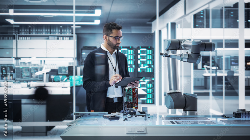 Aufkleber Industrial Robotics Professional Interacting with Robotic Arm During a Research Phase in a High Tech Startup. Scientist Uses Tablet Computer to Manipulate and Program the Robot to Move a Microchip.