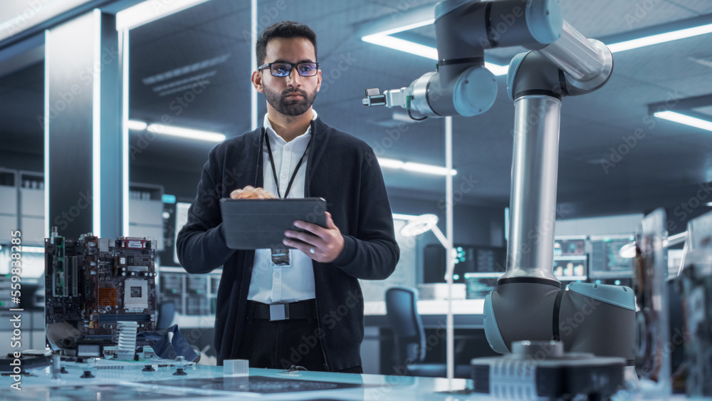 Aufkleber Industrial Robotics Professional Interacting with Robotic Arm During a Research Phase in a High Tech Startup. Scientist Uses Tablet Computer to Manipulate and Program the Robot to Move a Microchip.