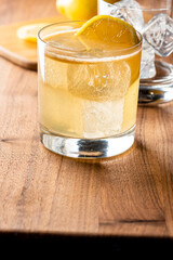 Whiskey sour. Classic Cocktail. Mixed drink with whiskey, lemon juice, sugar, and optionally, a dash of egg white. It is a type of sour, a mixed drink with base spirit, citrus juice, and a sweetener. 