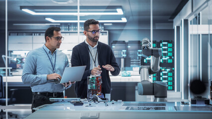 Diverse Colleagues of Industrial Robotics Engineers Experimenting With Robotic Arm. Scientists Use Laptop Computer to Manipulate and Program the Robot to Move and Put Down a Powerful Microchip.