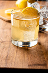 Whiskey sour. Classic Cocktail. Mixed drink with whiskey, lemon juice, sugar, and optionally, a dash of egg white. It is a type of sour, a mixed drink with base spirit, citrus juice, and a sweetener. 