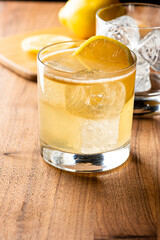 Whiskey sour. Classic Cocktail. Mixed drink with whiskey, lemon juice, sugar, and optionally, a dash of egg white. It is a type of sour, a mixed drink with base spirit, citrus juice, and a sweetener. 