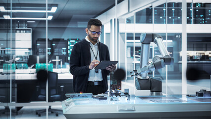 Industrial Robotics Professional Interacting with Robotic Arm During a Research Phase in a High Tech Startup. Scientist Uses Tablet Computer to Manipulate and Program the Robot to Move a Microchip.