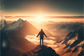 person standing on top of a mountain. Generative AI