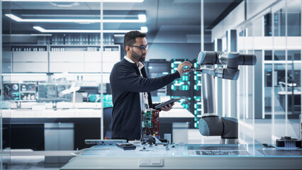 Portrait of a Young Multiethnic Male Engineer Using Tablet Computer. Interacting with a Robotic Arm Machine, Receiving a Microchip from the Hand. High Tech Industrial Laboratory Facility.