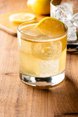 Whiskey sour. Classic Cocktail. Mixed drink with whiskey, lemon juice, sugar, and optionally, a dash of egg white. It is a type of sour, a mixed drink with base spirit, citrus juice, and a sweetener. 