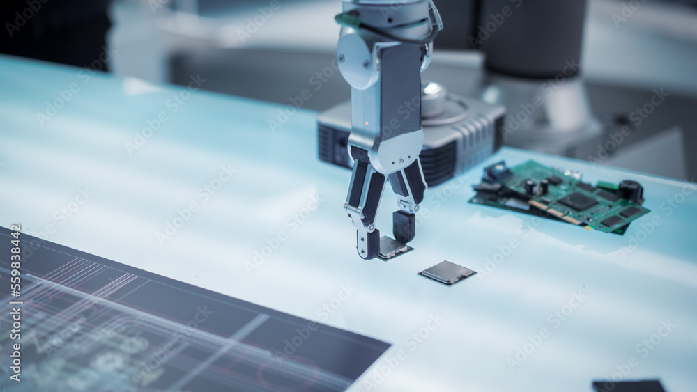 Aufkleber close up footage of a modern robotic arm picking up and moving a microchip. engineer interacting wit