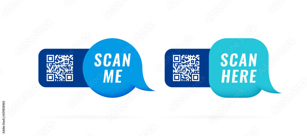 Poster qr code 3d speech bubble with inscription scan me and scan here. qr code for smartphone, payment, we