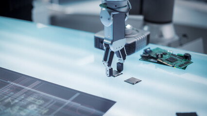 Close Up Footage of a Modern Robotic Arm Picking Up and Moving a Microchip. Engineer Interacting with the Robot Hand By the Means of Virtual Reality Headset with Controllers.