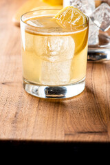 Whiskey sour. Classic Cocktail. Mixed drink with whiskey, lemon juice, sugar, and optionally, a dash of egg white. It is a type of sour, a mixed drink with base spirit, citrus juice, and a sweetener. 
