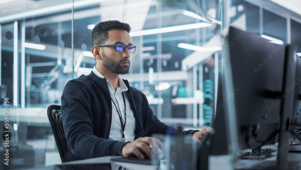 Leinwandbilder Portrait of Multiethnic Industrial Engineer Developing 3D Model of a Circuit Motherboard on Computer CAD Software in a Factory. Modern Technological Research and Development Center.