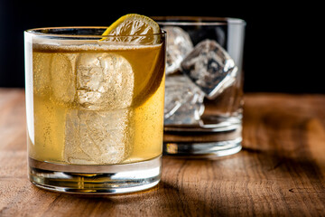 Whiskey sour. Classic Cocktail. Mixed drink with whiskey, lemon juice, sugar, and optionally, a dash of egg white. It is a type of sour, a mixed drink with base spirit, citrus juice, and a sweetener. 