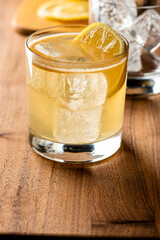 Whiskey sour. Classic Cocktail. Mixed drink with whiskey, lemon juice, sugar, and optionally, a dash of egg white. It is a type of sour, a mixed drink with base spirit, citrus juice, and a sweetener. 
