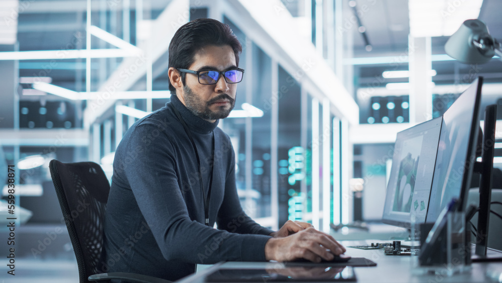 Poster Portrait of a Handsome Hispanic Industrial Engineer Developing 3D Model of a Circuit Motherboard on Computer CAD Software in a Factory. Modern Technological Research and Development Center.