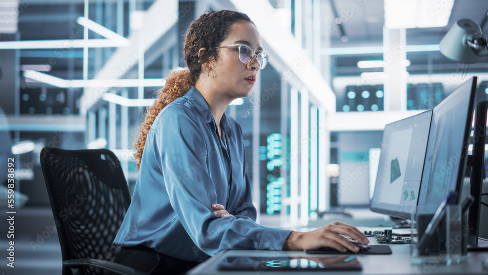 Poster Happy Multiethnic Female Industrial Engineer Developing 3D Model of a Circuit Motherboard on Computer CAD Software in a Startup Facility. Modern Technological Research and Development Center.