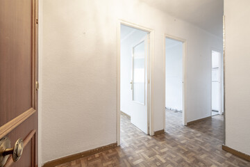 Entrance hall of a house with white access doors to other rooms and similar wood sintasol floors