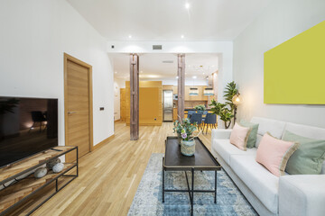 A living room with decorative furniture in a vacation rental apartment