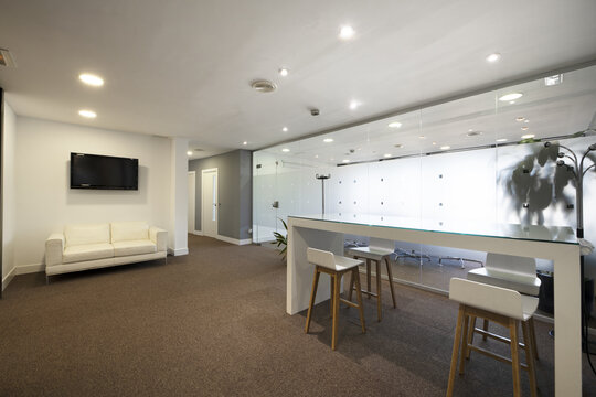 Entrance hall of an office with indoor plants, offices with a glass partition, a white leather sofa under a tv and a high table with stools and a carpeted floor