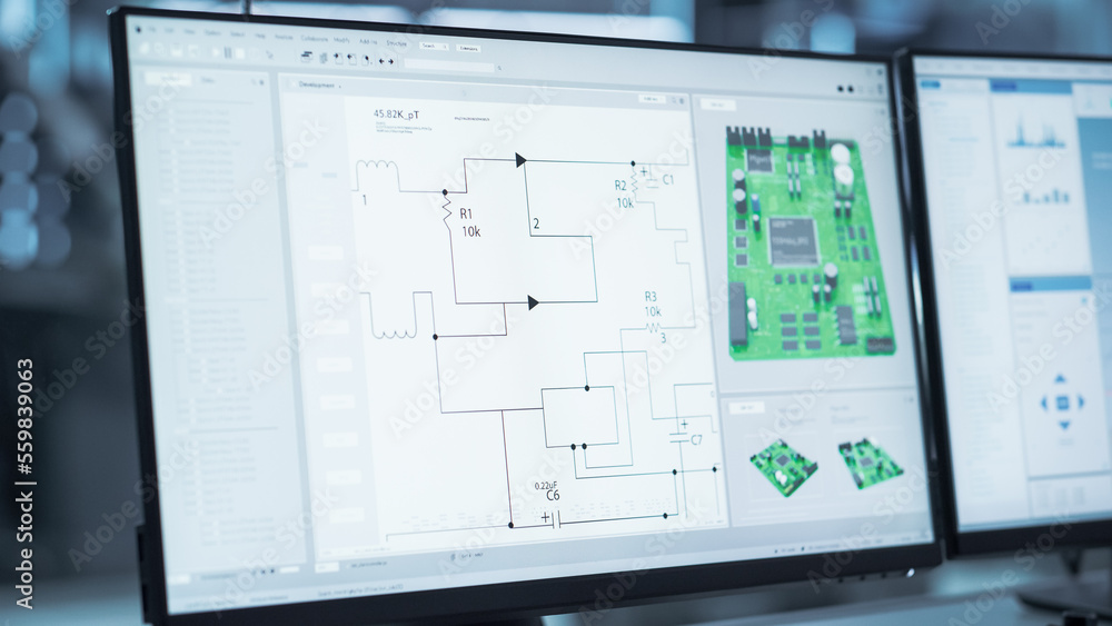 Poster Close Up of a Computer Monitor Display with 3D CAD Software Interface with Digital Electronic Diagram of a Circuit Motherboard Being Designed. Modern Factory Engineer's Office Concept.