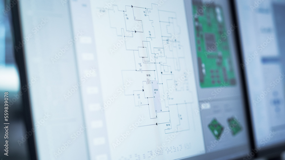 Poster Close Up of a Computer Monitor Screen with Software Utility Tool with Digital Electronic Diagram of a Circuit Motherboard and 3D Model. Technological Research and Development Concept.