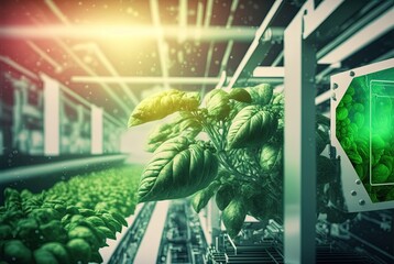 plant grow in hi-tech controlling environment with bright light in research and experiment theme, concept for future agricultural, vertical farming, high- tech garden tools, hydroponic gardens,