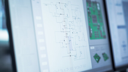Close Up of a Computer Monitor Screen with Software Utility Tool with Digital Electronic Diagram of a Circuit Motherboard and 3D Model. Technological Research and Development Concept.