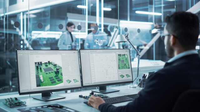 Portrait Of A Young Hispanic Industrial Engineer Developing 3D Model Of A Circuit Motherboard On Computer CAD Software In A Factory. Modern Technological Research And Development Center.