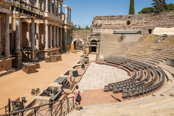 Roman theater of Merida with spotlights and seats installed on a sunny day