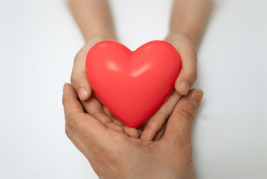 Mother and kid holding red heart in hands on a white background. Valentine's day. Copy space. Soft focus, closeup. Mother day. Family day. National Organ Donor Day. Healthcare and donation concept