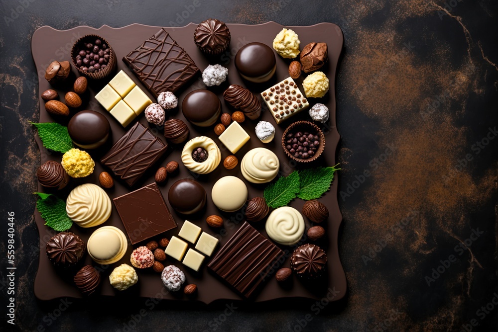 Poster a look from the front variety of chocolates on a black board with room for custom text. generative a