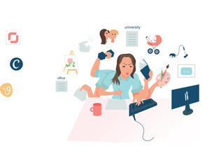 The concept of a modern girl. A woman who combines work, study, household chores, family, sports and hobbies. A woman with six arms sits at a table and works at a computer. 