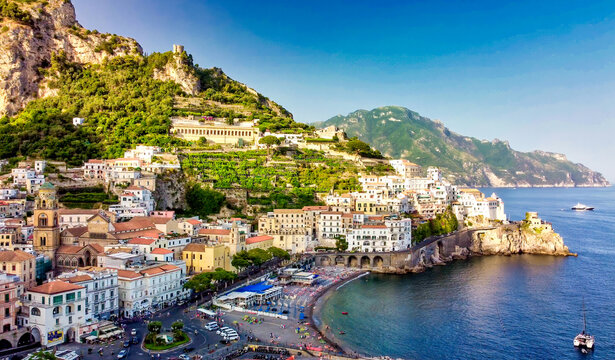 Amazing aerial view of Amalfi coastline in summer season, Amalfi Coast.