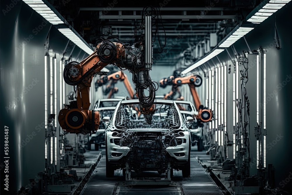 Poster vehicle assembly line robots. generative ai