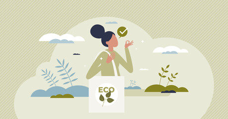 Eco bag as reusable fabric textile handbag for sustainable shopping tiny person concept. Resources saving lifestyle and ecological thinking to reduce plastic packaging waste vector illustration.