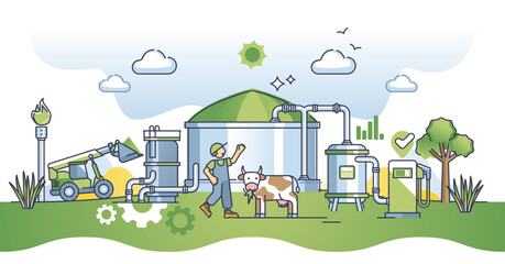 Biogas plant with renewable green bio gas fuel production outline concept. Agricultural alternative power generation from livestock methane vapors vector illustration. Biomass supply from grains. - obrazy, fototapety, plakaty