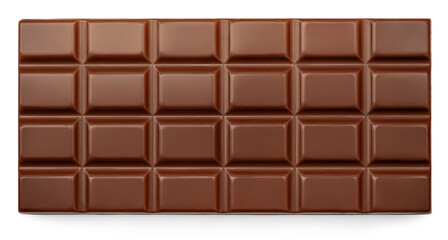 Dark Milk chocolate bar isolated on white background. Flat lay, top view. Sweet chocolate food...