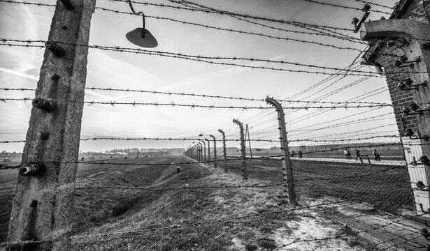 Auschwitz-Birkenau concentration camp in occupied Poland during World War II and the Holocaust. Barbed Wire