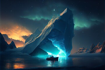 An enormous glowing iceberg at night afloat on an icy sea. Generative AI