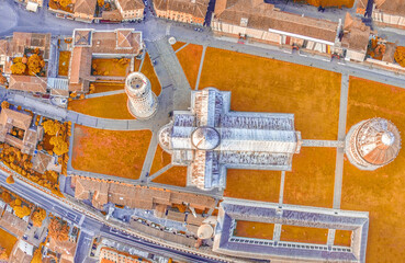Overhead aerial view of Square of Miracles, Pisa. Piazza del Duomo from drone, Italy