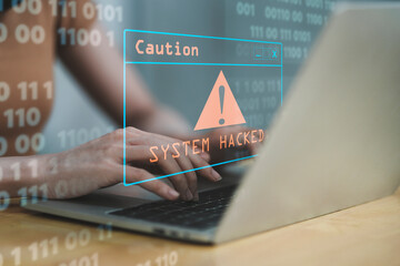 System hacked alert after cyber attack on computer network. compromised information concept....