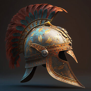 traditional roman helmet with sword and shield