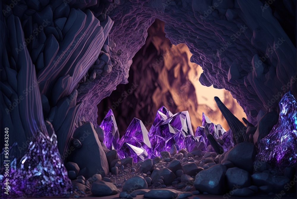 Poster amethyst stones with a realistic fantasy twist gems and crystals in an abstract cave setting. genera