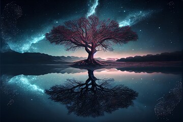 A huge tree of life reminiscent of Yggdrasil reflected in an icy lake at night. Generative AI