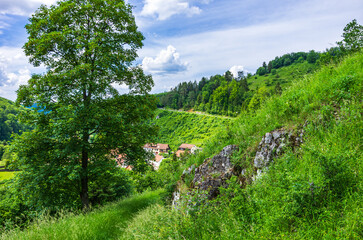 Landscape of the Swabian Alb near Seeburg between Bad Urach and Muensingen, Baden-Wurttemberg, Germany.