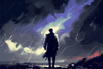 A lonely figure against a dark gloomy stormy sky. Generative AI