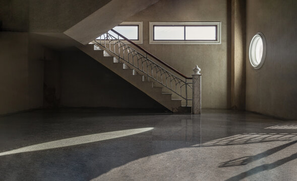 Side view of Marble stairhead and Metal staircase ascending corridor inside the Old building with Sunlight shine through beautifully. Light and shadow, Space for text, No focus, specifically.