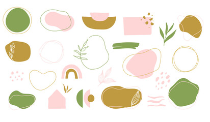 Set of hand drawn shapes in sage green, gold and blush pink colors. Organic shapes Vector illustration